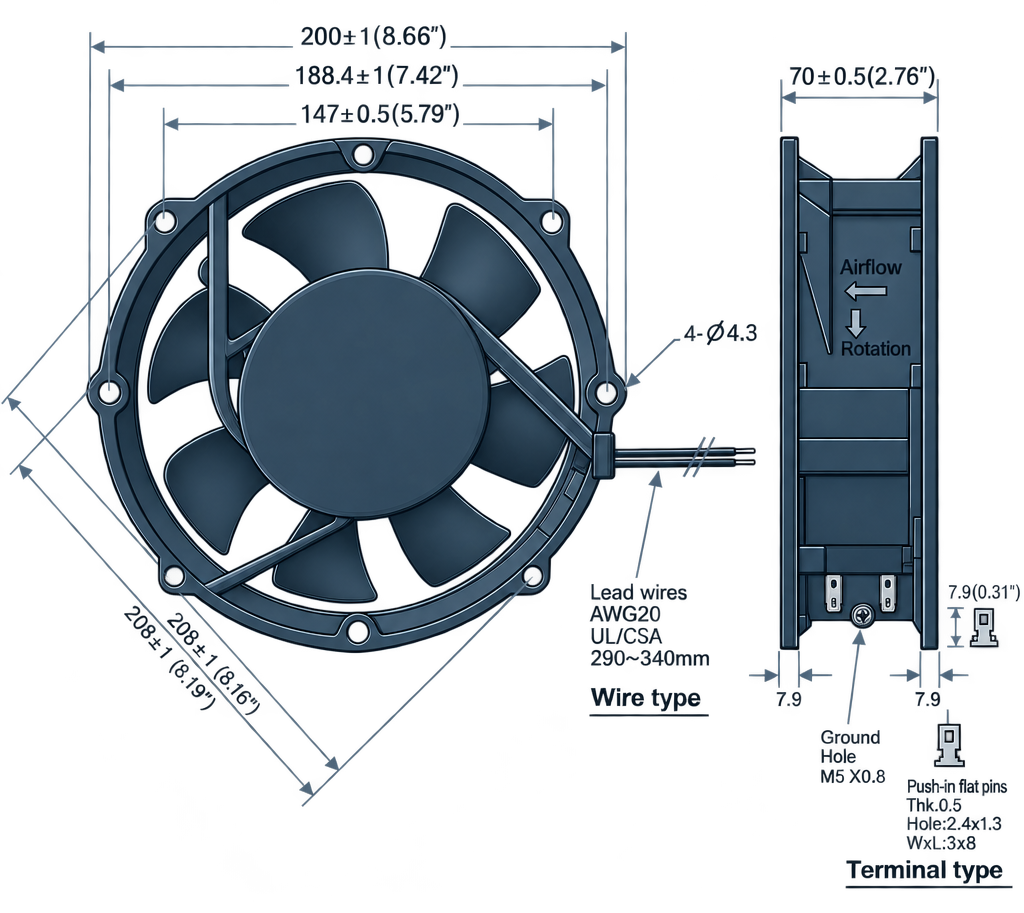 Outline dimension drawing of the BAC20070AR