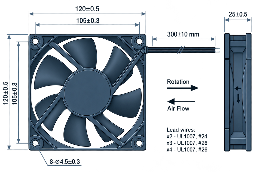 Outline dimension drawing of the BDC12025PS