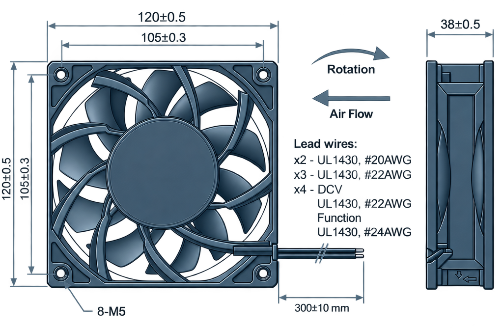 Outline dimension drawing of the BDC12038AS