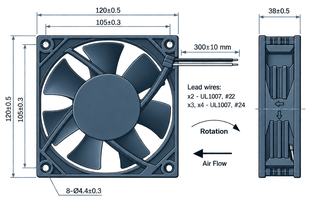 Outline dimension drawing of the BDC12038PSM