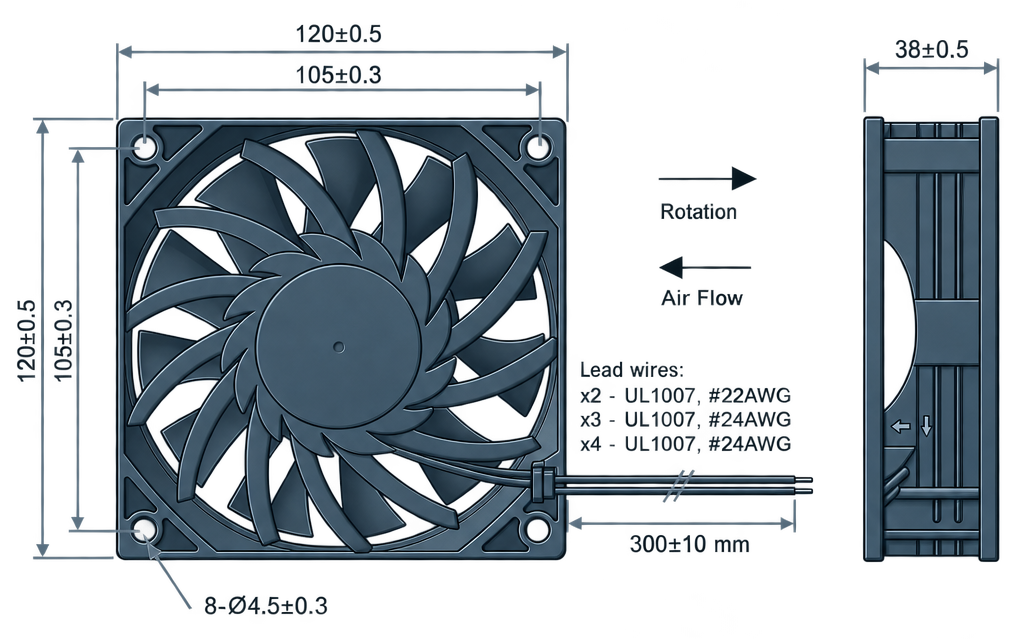 Outline dimension drawing of the BDC12038PS