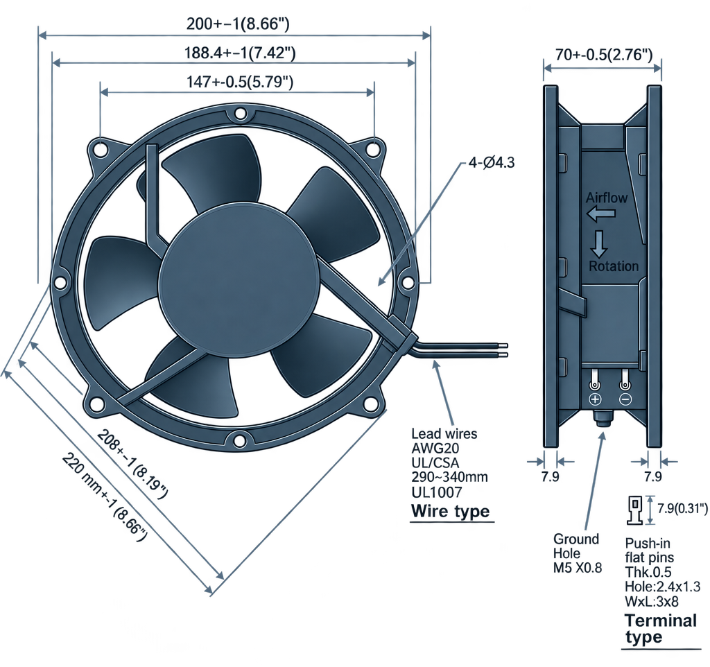 Outline dimension drawing of the BDC20070AR