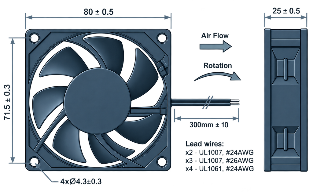 Outline dimension drawing of the BDC8025PS
