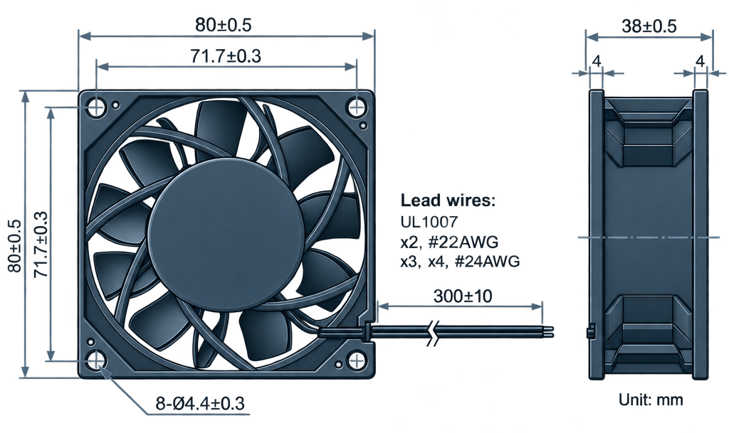 Outline dimension drawing of the BDC8038P