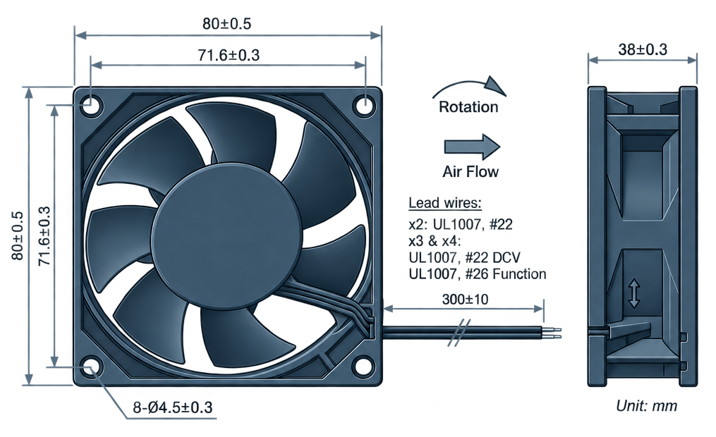 Outline dimension drawing of the BDC8038PS