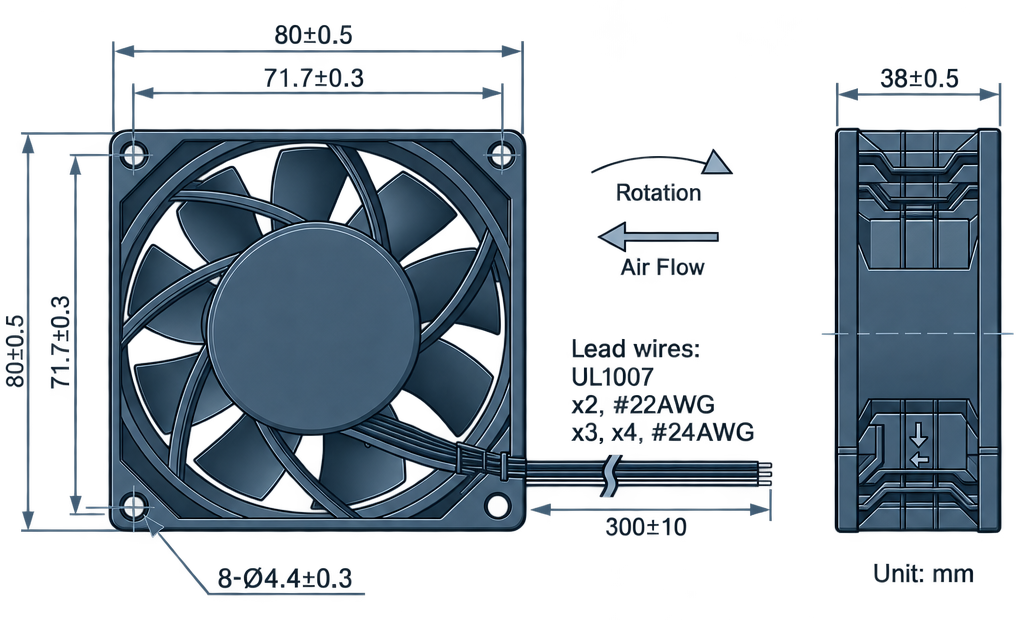 Outline dimension drawing of the BEC8038PM