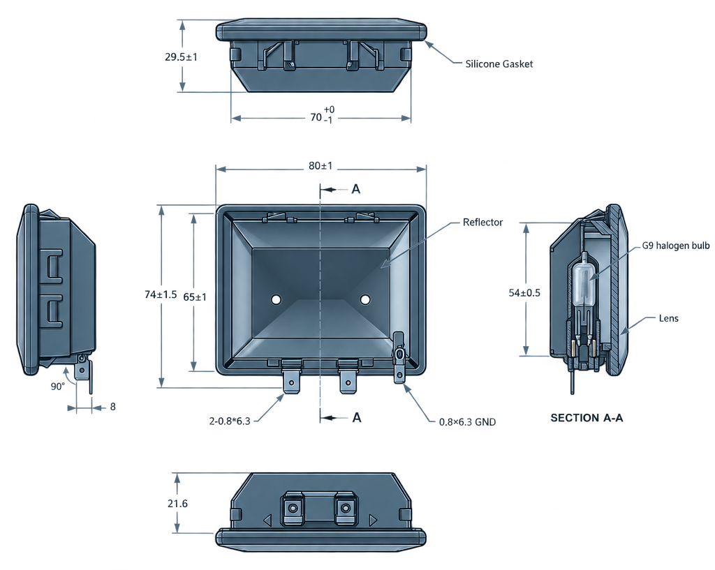 Outline dimension drawing of the BOL-5570S-11 oven lamp